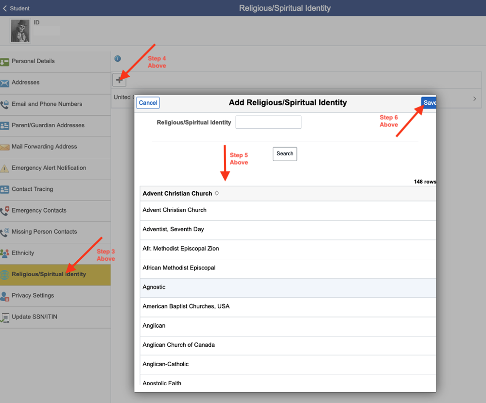 screenshot of updating religious or spiritual information in OPUS