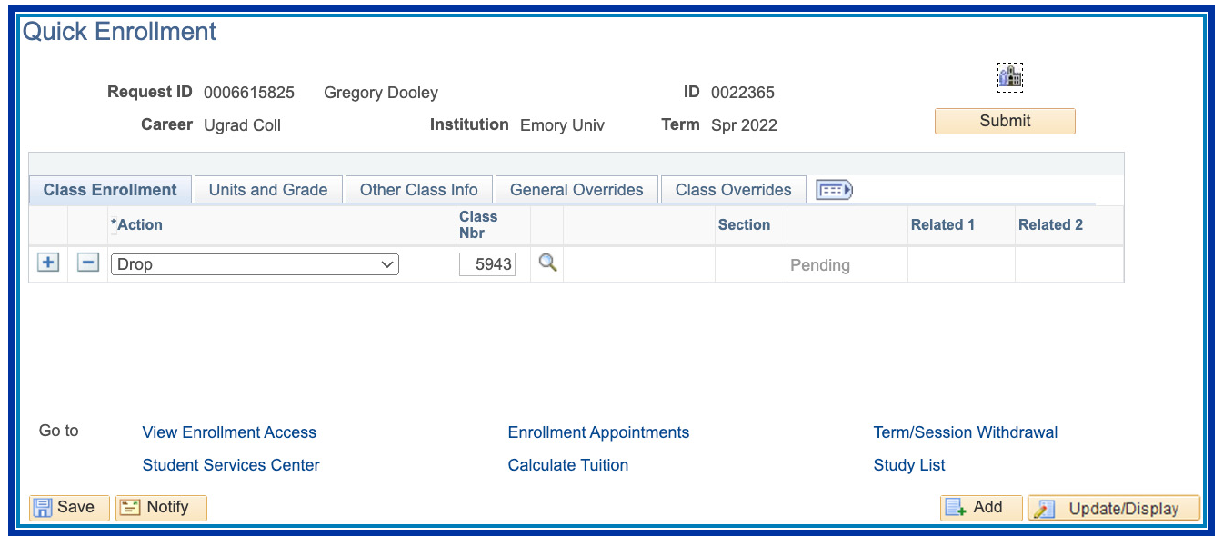 Class Enrollment Tab: Drop a class.