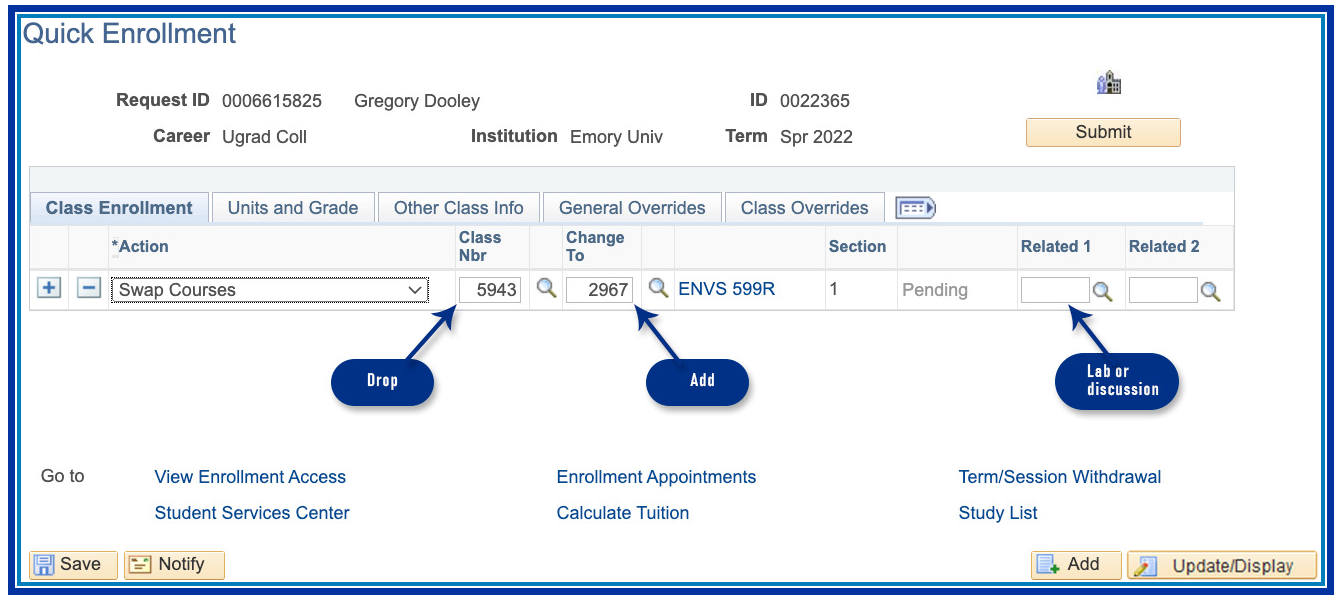 Class Enrollment Tab: Swap Courses