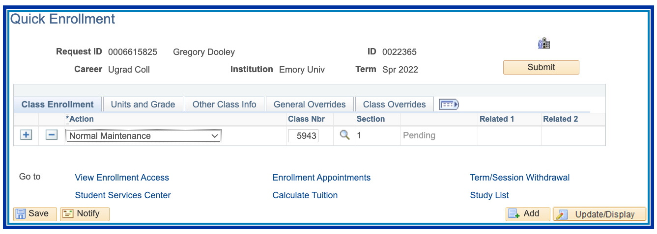 Class Enrollment Tab: Normal Maintenance