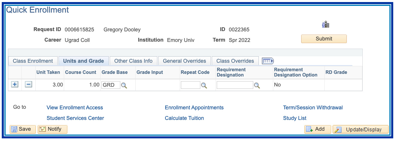 Units and Grade Tab: 