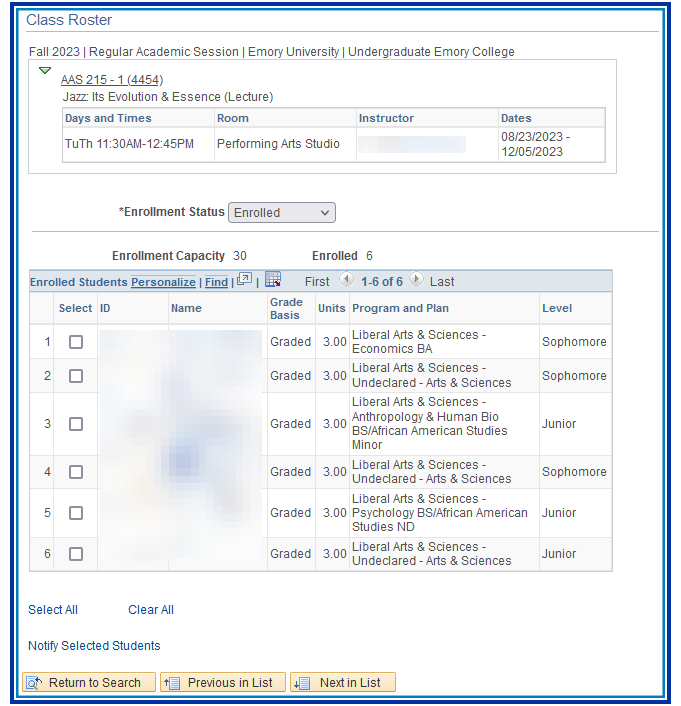 Class Roster Enrollment Status