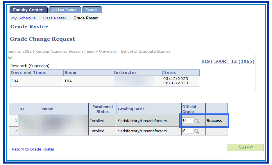 Grade Change Requested Verification Message