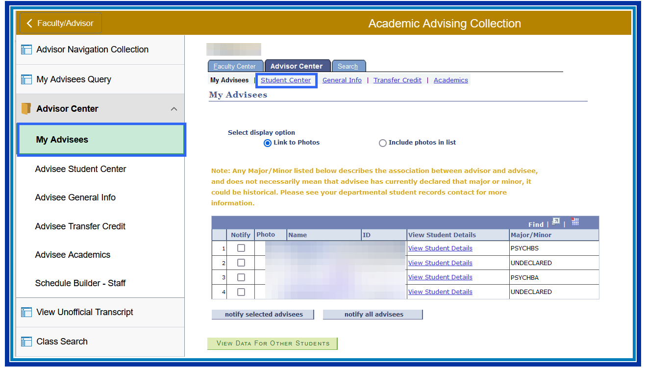 Faculty Advisor Menu