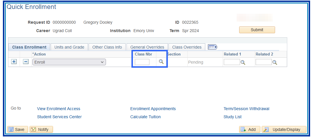 Quick Enroll Class Number